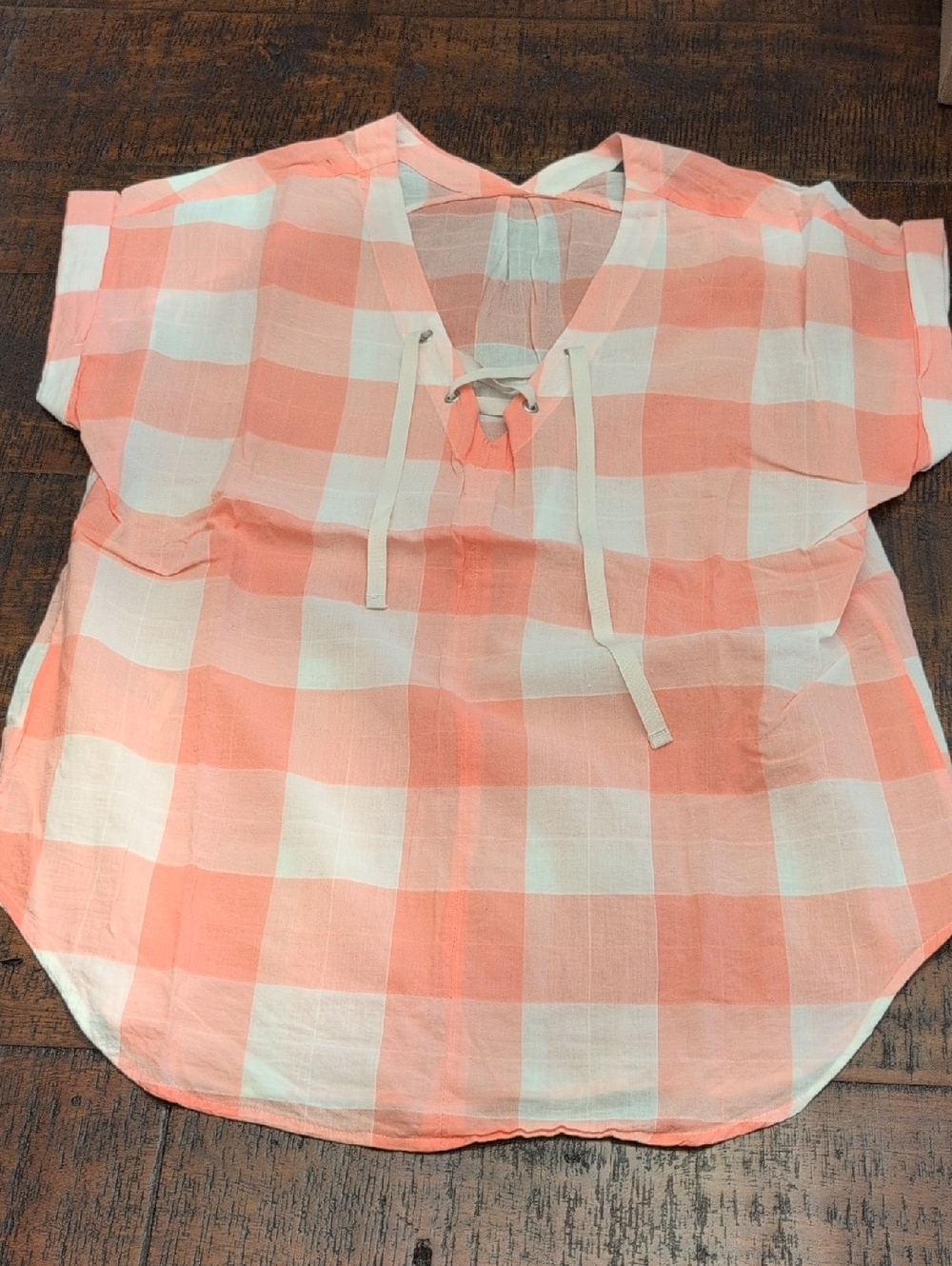 Eddie Bauer Peach & White Gingham Lace-Up Blouse